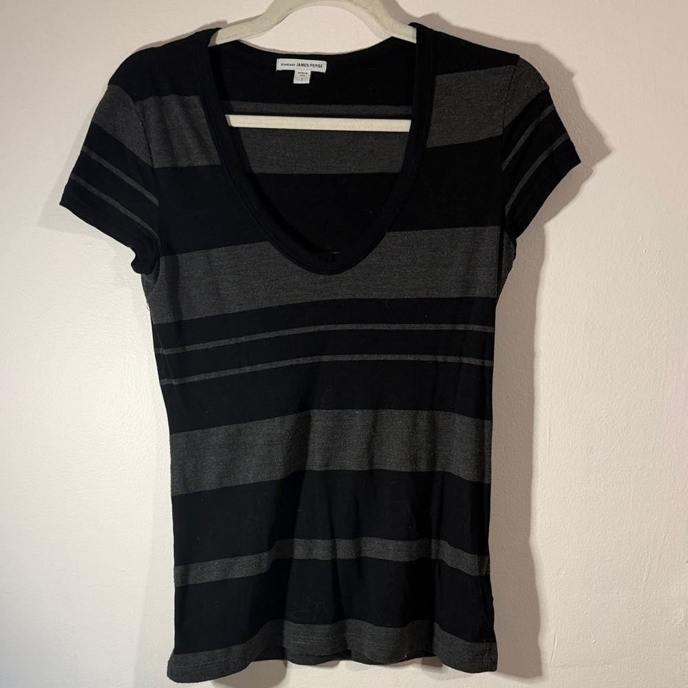 JAMES PERSE Black and Gray Striped  Scoop Neck Tee, Size 1